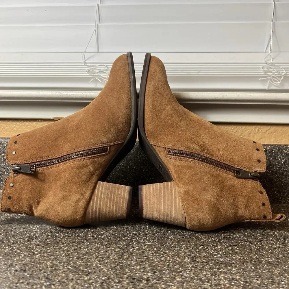 Vionic Rust/Tan Suede Ankle Bootie Zip Womens 7.5 Wide Block Heel Comfort Casual